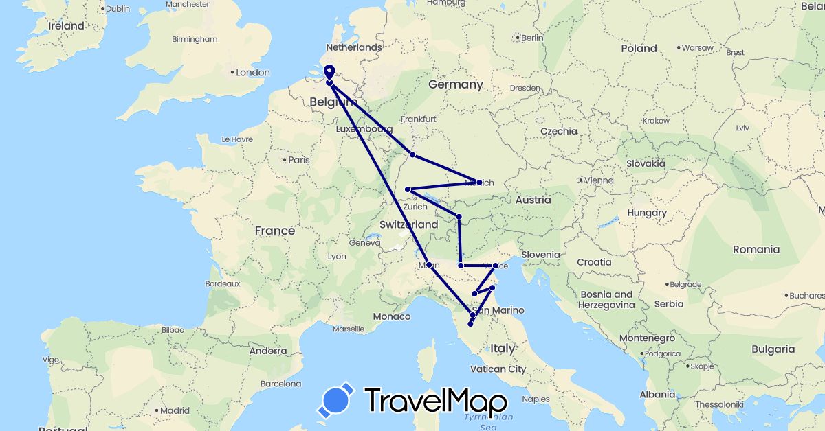 TravelMap itinerary: driving in Austria, Belgium, Germany, Italy (Europe)